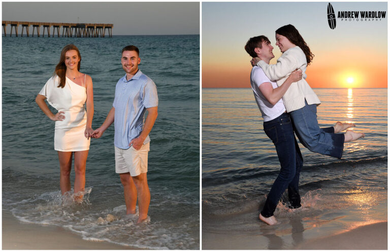 Freshly-engaged couples have photos taken at sunset along Panama City Beach.