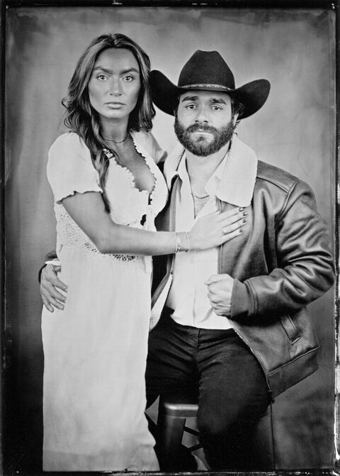 A couple poses for a tintype photo in my Panama City Beach, Florida, tintype studio.