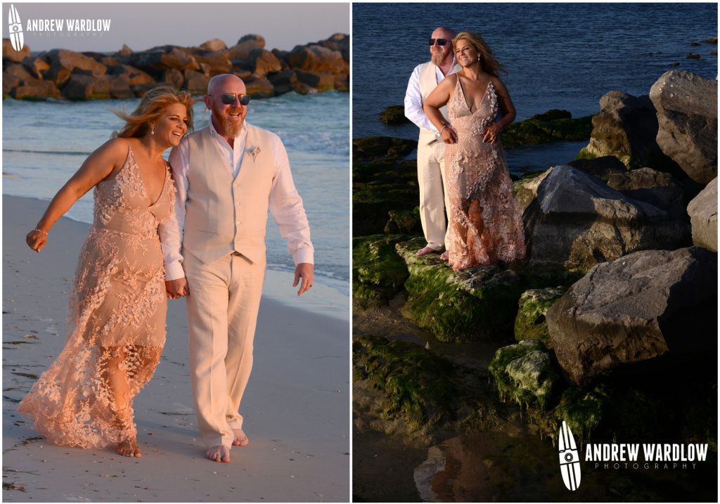 Couple walks along the beach while holding hands. At right, couple embraces on a rock formation.