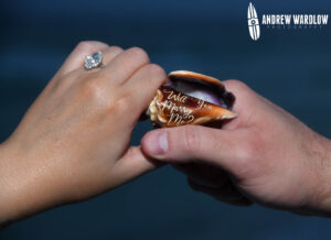 A newly-engaged couple hold a shell in Panama City Beach, Florida.