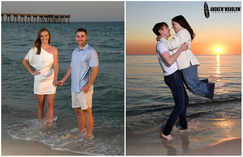 Freshly-engaged couples have photos taken at sunset along Panama City Beach.
