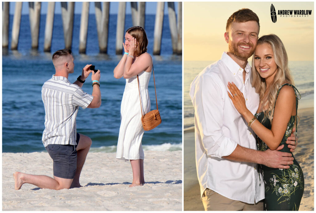 Left, a woman reacts with joy while being proposed to in Panama City Beach. At right, a happy couple poses at sunset after getting engaged.